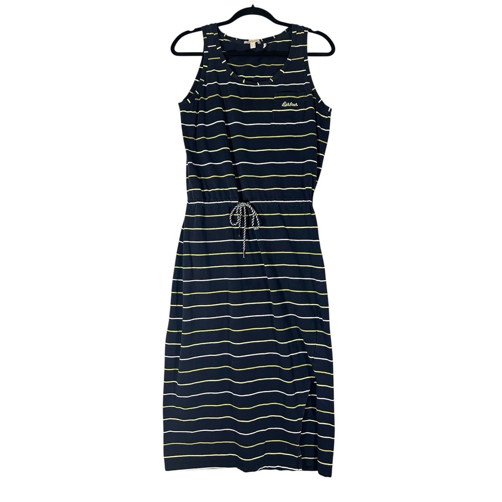 Barbour Overland Slit Striped Midi Dress Sz 10 Sleeveless‎ Nautical Drawstring
